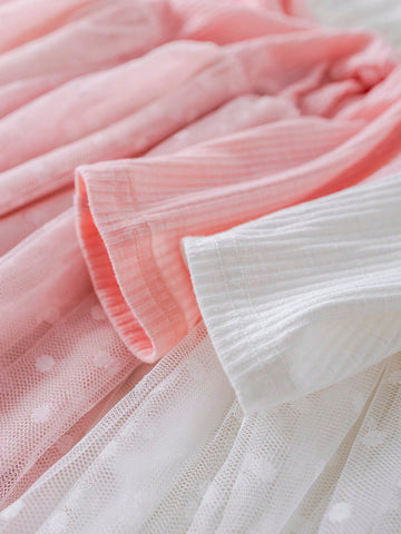 PrepCrw Young Girls Spring/Summer White/Pink Academic Style Knit & Mesh Waist Shaping A-Line Round Neck Dress/Set