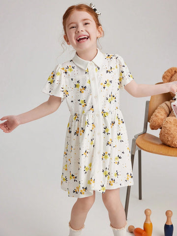 PrepCrw Young Girls Spring/Summer White Floral Lace Knitted Collared Button Front Shirt Dress