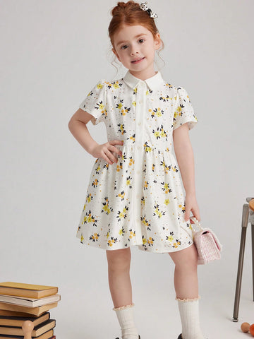PrepCrw Young Girls Spring/Summer White Floral Lace Knitted Collared Button Front Shirt Dress