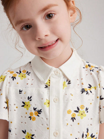 PrepCrw Young Girls Spring/Summer White Floral Lace Knitted Collared Button Front Shirt Dress