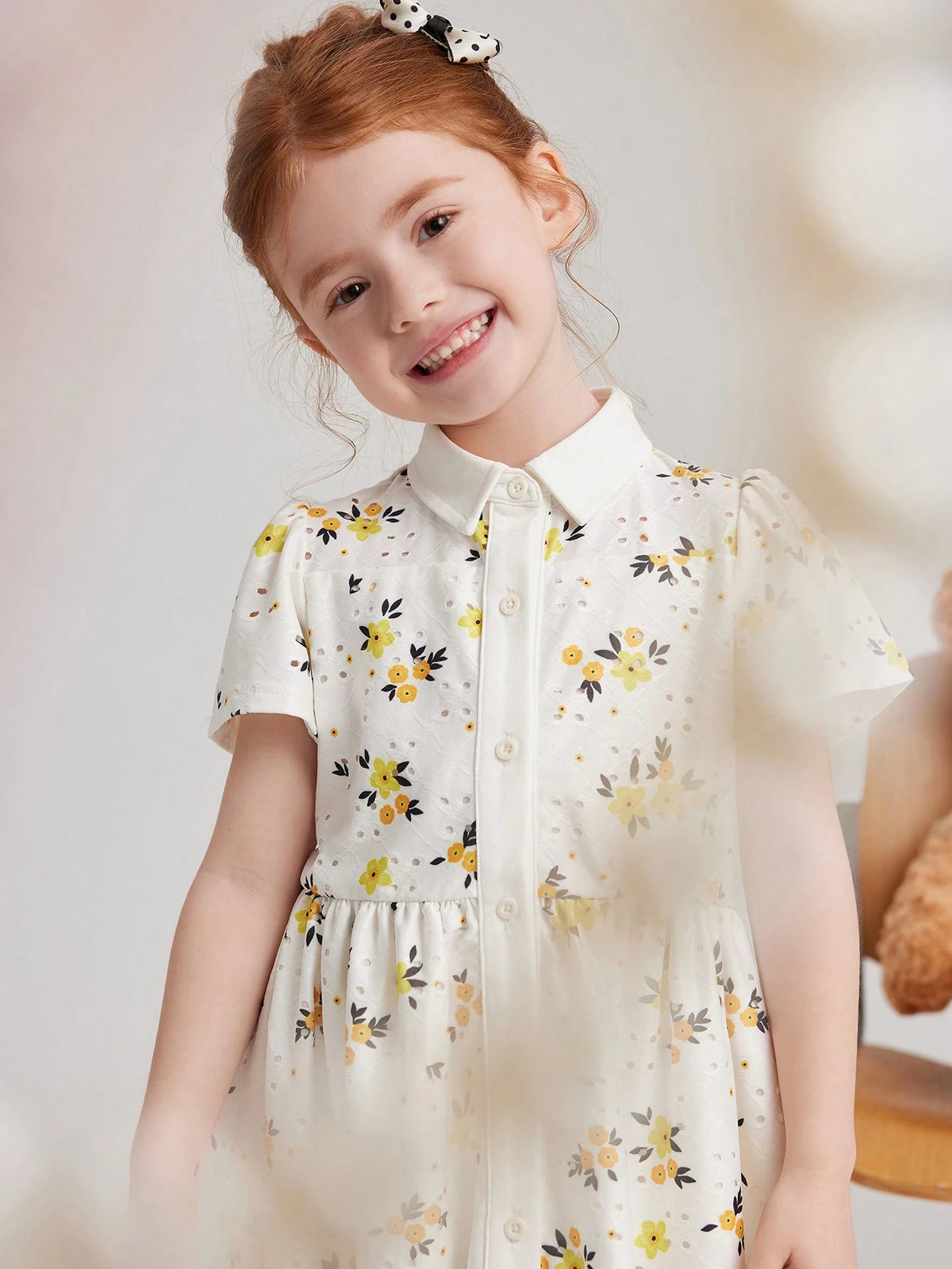 PrepCrw Young Girls Spring/Summer White Floral Lace Knitted Collared Button Front Shirt Dress