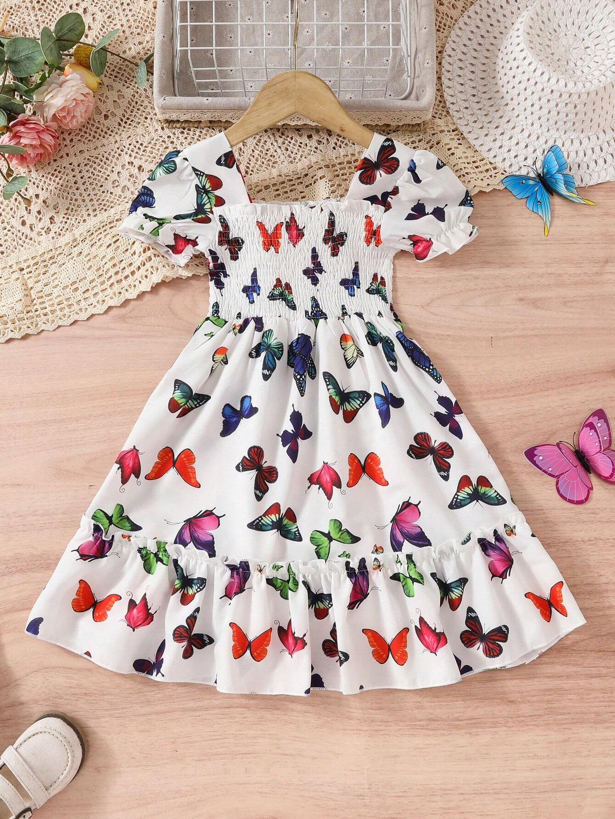 Pretty Butterfly Printed Casual Dress For Little Girls, Short Sleeve, Ideal For Outdoor, Vacation And Hot Summer Days