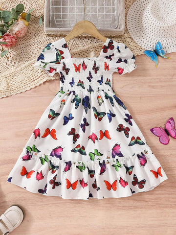 Pretty Butterfly Printed Casual Dress For Little Girls, Short Sleeve, Ideal For Outdoor, Vacation And Hot Summer Days