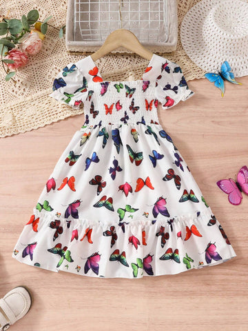 Pretty Butterfly Printed Casual Dress For Little Girls, Short Sleeve, Ideal For Outdoor, Vacation And Hot Summer Days