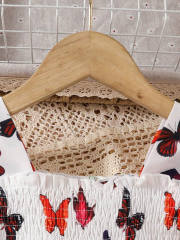 Pretty Butterfly Printed Casual Dress For Little Girls, Short Sleeve, Ideal For Outdoor, Vacation And Hot Summer Days