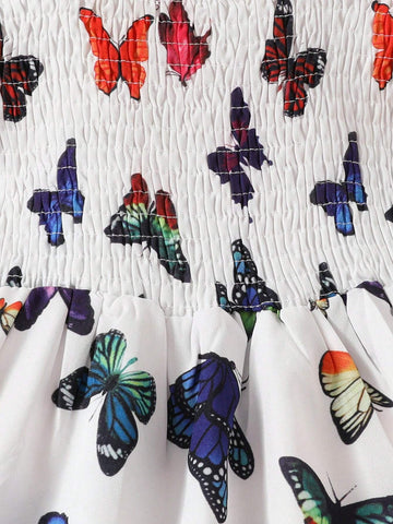 Pretty Butterfly Printed Casual Dress For Little Girls, Short Sleeve, Ideal For Outdoor, Vacation And Hot Summer Days