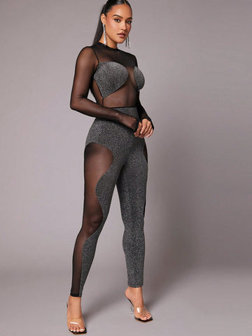 Pretty on the Outside Glitter Mesh Insert Mock Neck Unitard Jumpsuit