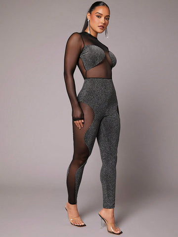 Pretty on the Outside Glitter Mesh Insert Mock Neck Unitard Jumpsuit