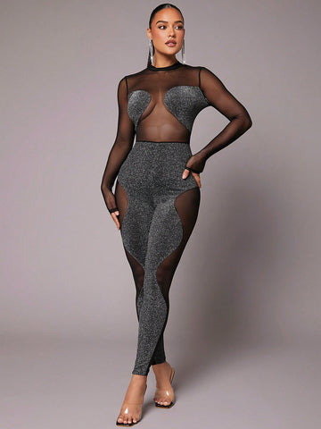 Pretty on the Outside Glitter Mesh Insert Mock Neck Unitard Jumpsuit