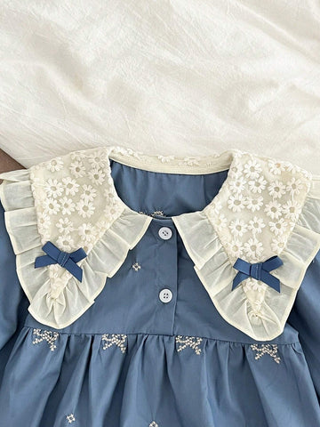 Princess Girls Long Sleeve Butterfly Embroidered Dress, Korean Style, Suitable For Spring And Autumn