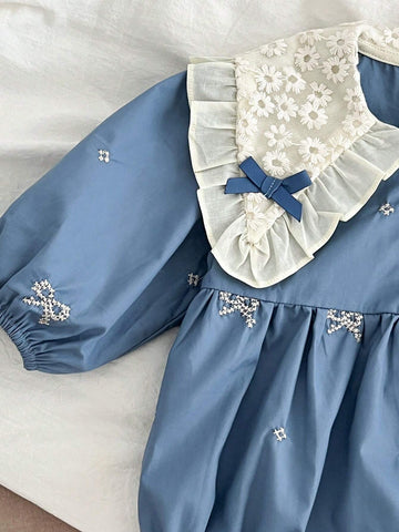 Princess Girls Long Sleeve Butterfly Embroidered Dress, Korean Style, Suitable For Spring And Autumn