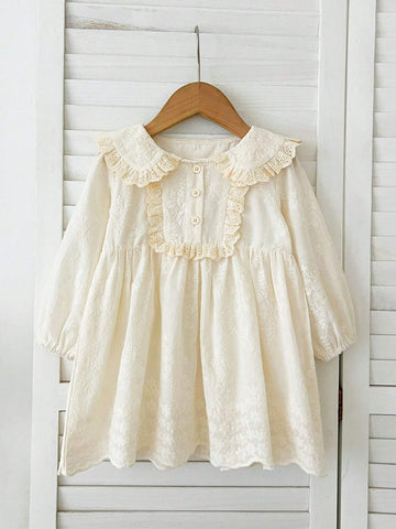 Princess Lace Trim Embroidery Long Sleeve Dress For Girls, Spring Autumn