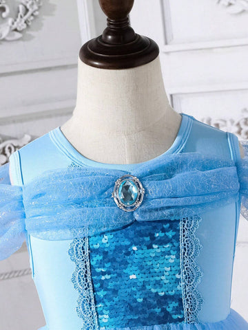Princess Role Play Ice And Snow Imitation Beaded Dress For Little Girls With Blue Diamond Mesh, Suitable For Princess Parties, Casual And Lovely Styling