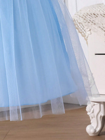 Princess Role Play Ice And Snow Imitation Beaded Dress For Little Girls With Blue Diamond Mesh, Suitable For Princess Parties, Casual And Lovely Styling