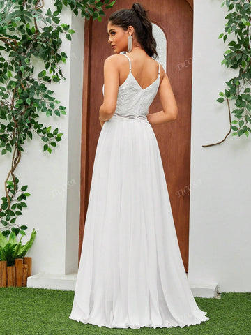 Princess Spaghetti Straps Embroidered Lace Waist V-Neck Sleeveless Chiffon Extended Length Wedding Dress