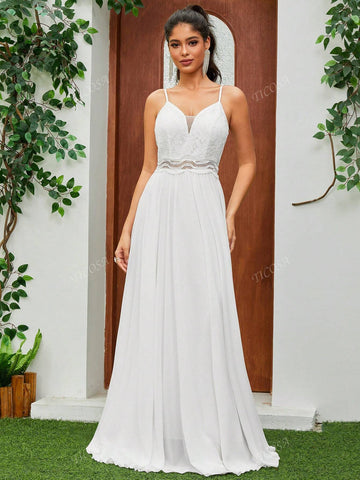 Princess Spaghetti Straps Embroidered Lace Waist V-Neck Sleeveless Chiffon Extended Length Wedding Dress