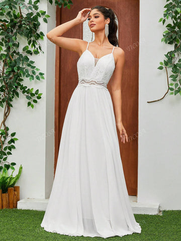 Princess Spaghetti Straps Embroidered Lace Waist V-Neck Sleeveless Chiffon Extended Length Wedding Dress