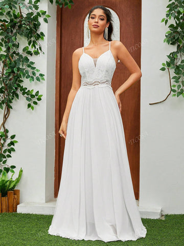 Princess Spaghetti Straps Embroidered Lace Waist V-Neck Sleeveless Chiffon Extended Length Wedding Dress
