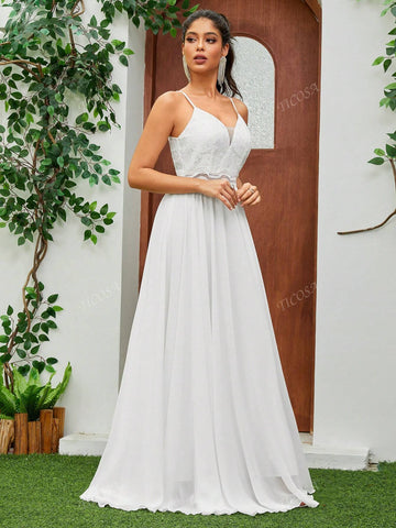 Princess Spaghetti Straps Embroidered Lace Waist V-Neck Sleeveless Chiffon Extended Length Wedding Dress