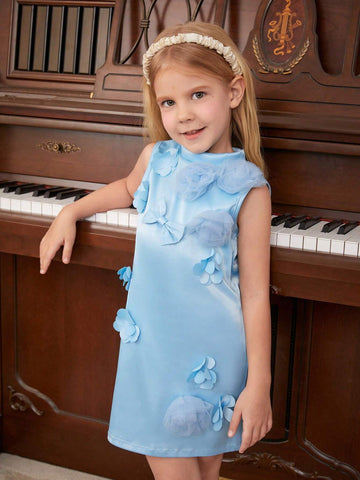 Princess Style Stand Collar Salt Water Blue 3D Floral Dress With Short Sleeves, Fashionable And Versatile Little Girl's Dress For Spring, Summer And Autumn