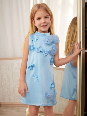 Princess Style Stand Collar Salt Water Blue 3D Floral Dress With Short Sleeves, Fashionable And Versatile Little Girl's Dress For Spring, Summer And Autumn