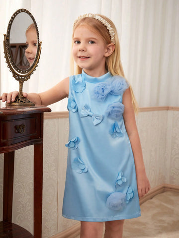 Princess Style Stand Collar Salt Water Blue 3D Floral Dress With Short Sleeves, Fashionable And Versatile Little Girl's Dress For Spring, Summer And Autumn