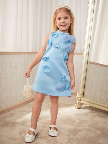 Princess Style Stand Collar Salt Water Blue 3D Floral Dress With Short Sleeves, Fashionable And Versatile Little Girl's Dress For Spring, Summer And Autumn