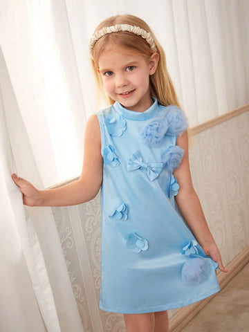 Princess Style Stand Collar Salt Water Blue 3D Floral Dress With Short Sleeves, Fashionable And Versatile Little Girl's Dress For Spring, Summer And Autumn