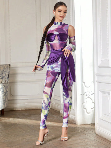 Print contrast panels straps, off-the-shoulder skinny jumpsuit for women