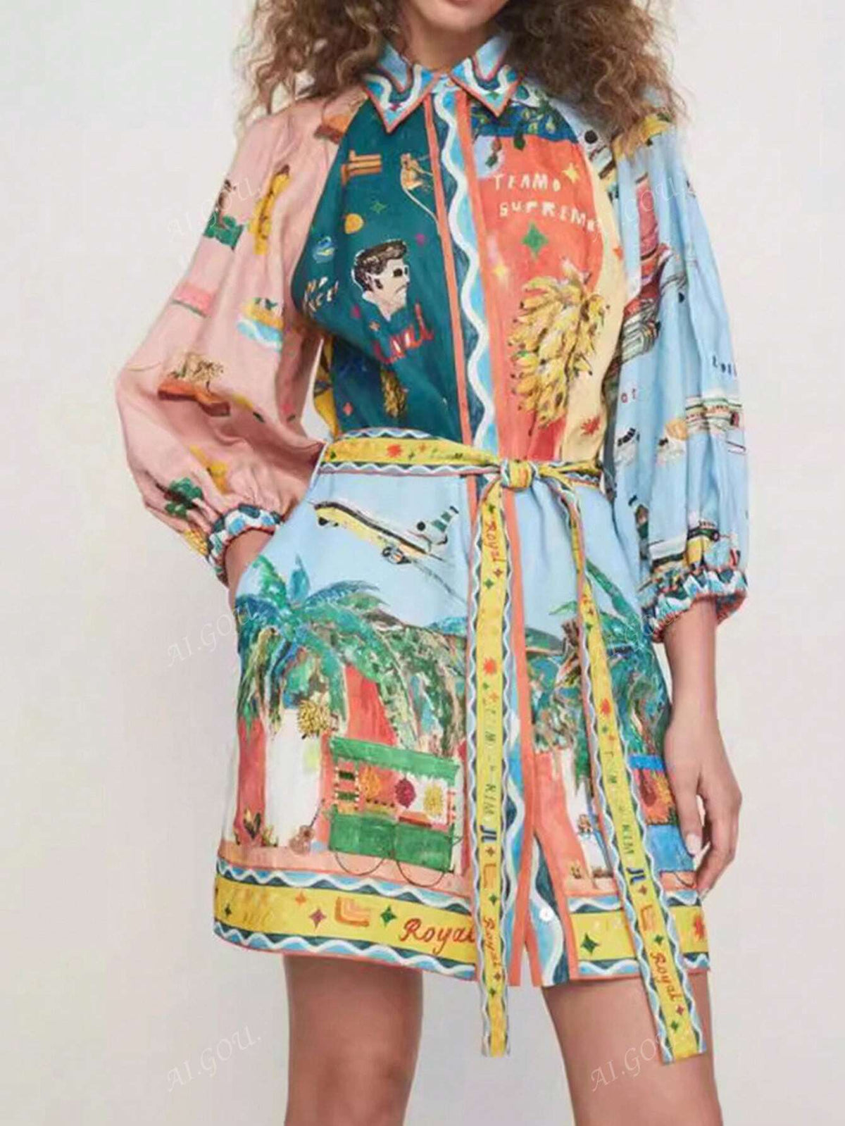Printed 3/4 Sleeve Tie-Waist Casual Loose Dress