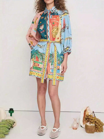 Printed 3/4 Sleeve Tie-Waist Casual Loose Dress