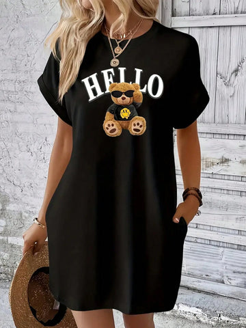 Printed Bear Crew-Neck Dress, Spring/Summer Casual Short-Sleeved Dress, Women's Clothing