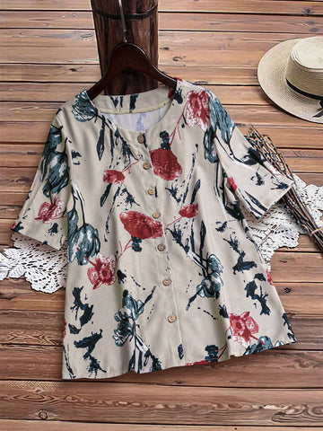 Printed Casual Short Sleeve Button-Up Shirt With Round Neck