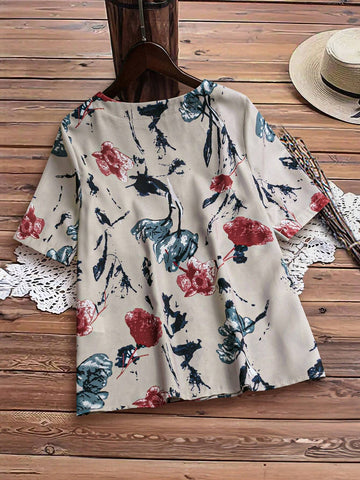 Printed Casual Short Sleeve Button-Up Shirt With Round Neck