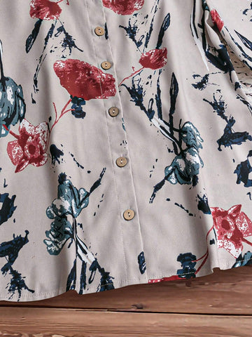 Printed Casual Short Sleeve Button-Up Shirt With Round Neck