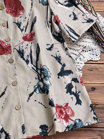 Printed Casual Short Sleeve Button-Up Shirt With Round Neck