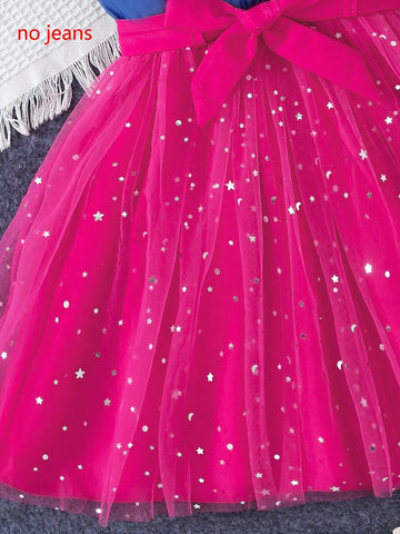 2pcs Young Girl Casual Solid Denim-Like Polo Collar With Puffy Sleeves & Tie Waist Star Net Mesh Dress