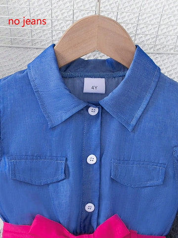 2pcs Young Girl Casual Solid Denim-Like Polo Collar With Puffy Sleeves & Tie Waist Star Net Mesh Dress