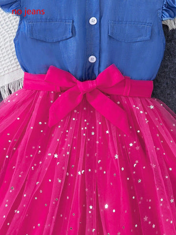 2pcs Young Girl Casual Solid Denim-Like Polo Collar With Puffy Sleeves & Tie Waist Star Net Mesh Dress