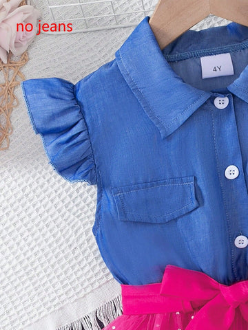 2pcs Young Girl Casual Solid Denim-Like Polo Collar With Puffy Sleeves & Tie Waist Star Net Mesh Dress