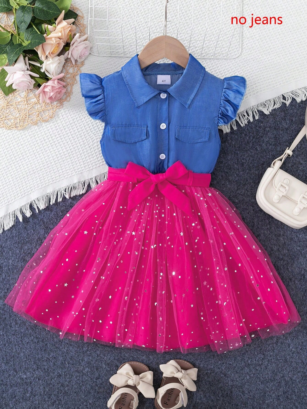 2pcs Young Girl Casual Solid Denim-Like Polo Collar With Puffy Sleeves & Tie Waist Star Net Mesh Dress