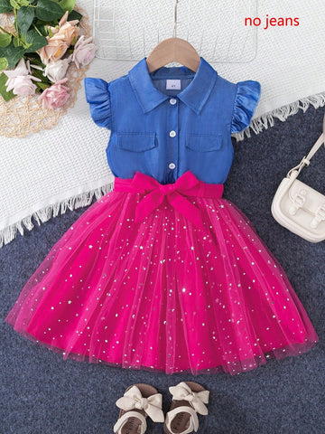 2pcs Young Girl Casual Solid Denim-Like Polo Collar With Puffy Sleeves & Tie Waist Star Net Mesh Dress
