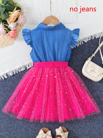 2pcs Young Girl Casual Solid Denim-Like Polo Collar With Puffy Sleeves & Tie Waist Star Net Mesh Dress