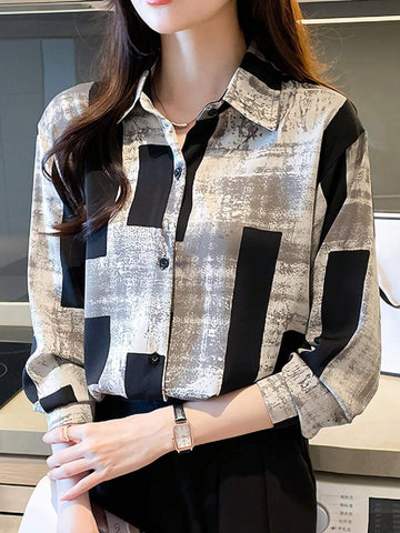 Printed Patchwork Button-Up Elegant Long Sleeve Collared Shirt, Suitable For Women In Spring And Autumn