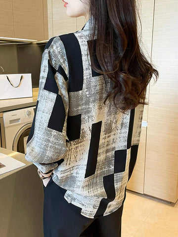 Printed Patchwork Button-Up Elegant Long Sleeve Collared Shirt, Suitable For Women In Spring And Autumn