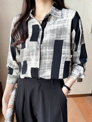 Printed Patchwork Button-Up Elegant Long Sleeve Collared Shirt, Suitable For Women In Spring And Autumn
