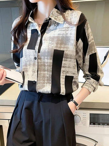 Printed Patchwork Button-Up Elegant Long Sleeve Collared Shirt, Suitable For Women In Spring And Autumn