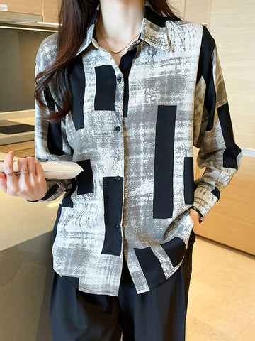 Printed Patchwork Button-Up Elegant Long Sleeve Collared Shirt, Suitable For Women In Spring And Autumn