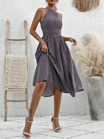 Printed Sleeveless Dress With Cinched Waistline