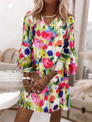 Printed V-Neck Flare Sleeve Dress